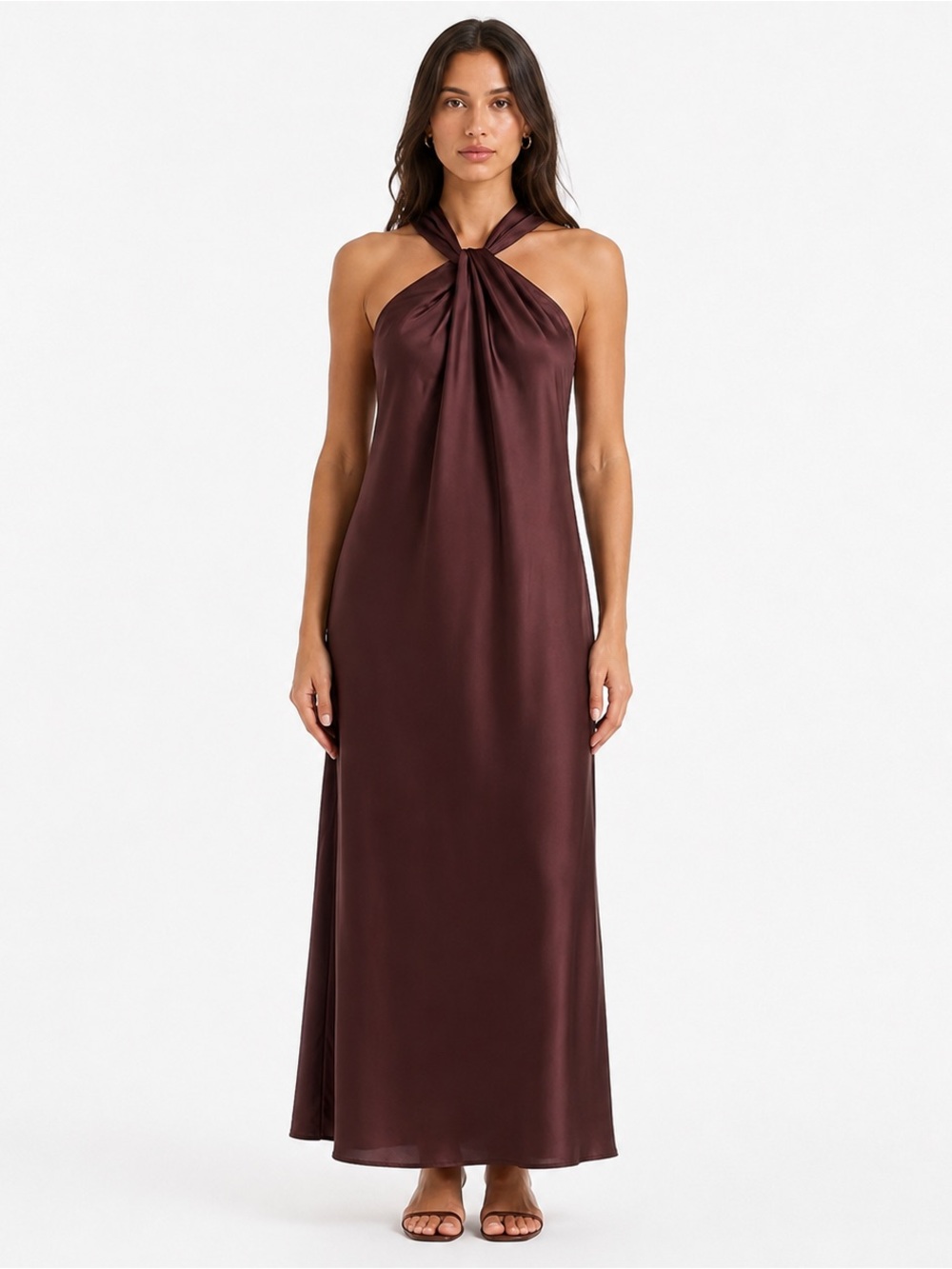 A New Day Oxford Brown Satin Halter Maxi Dress Size Small NWT Y2K Minimalist